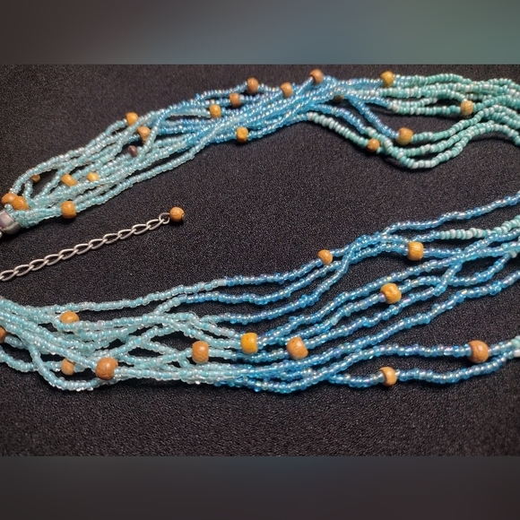 Blue Beaded Necklace With Wood Accent Beads - Picture 4 of 8